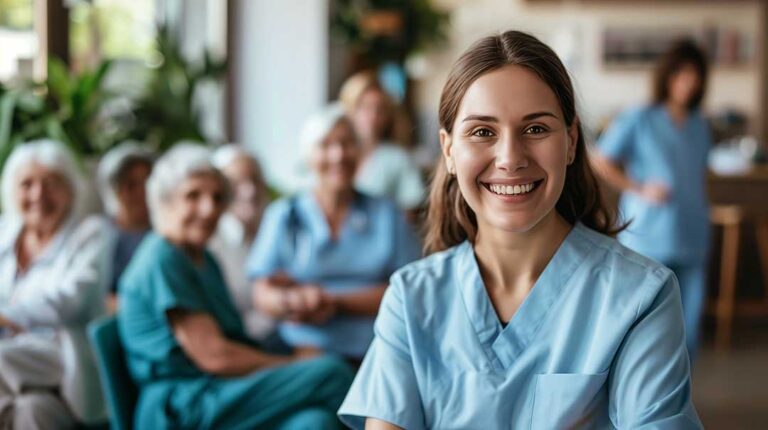A healthcare worker and an older adult reviewing documents together at a small table in a residential setting.